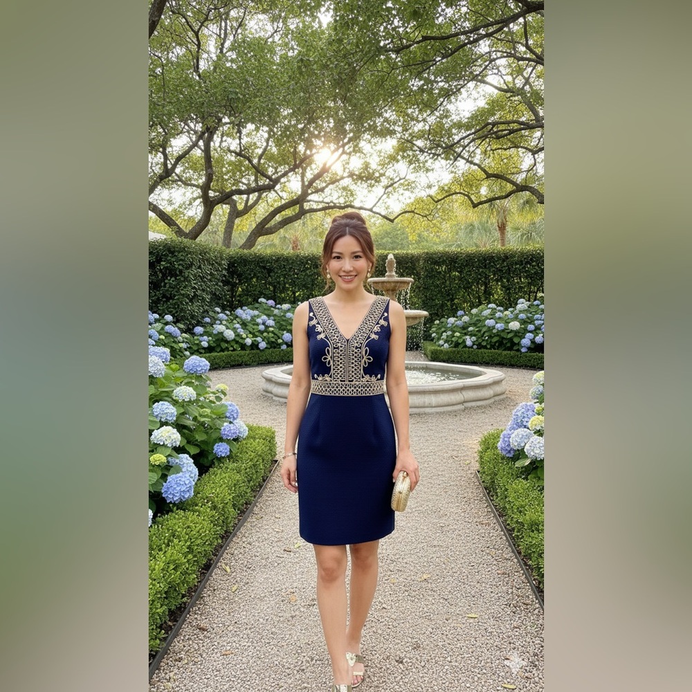 Lilly Pulitzer Navy and Gold Embroidered Midi Dress